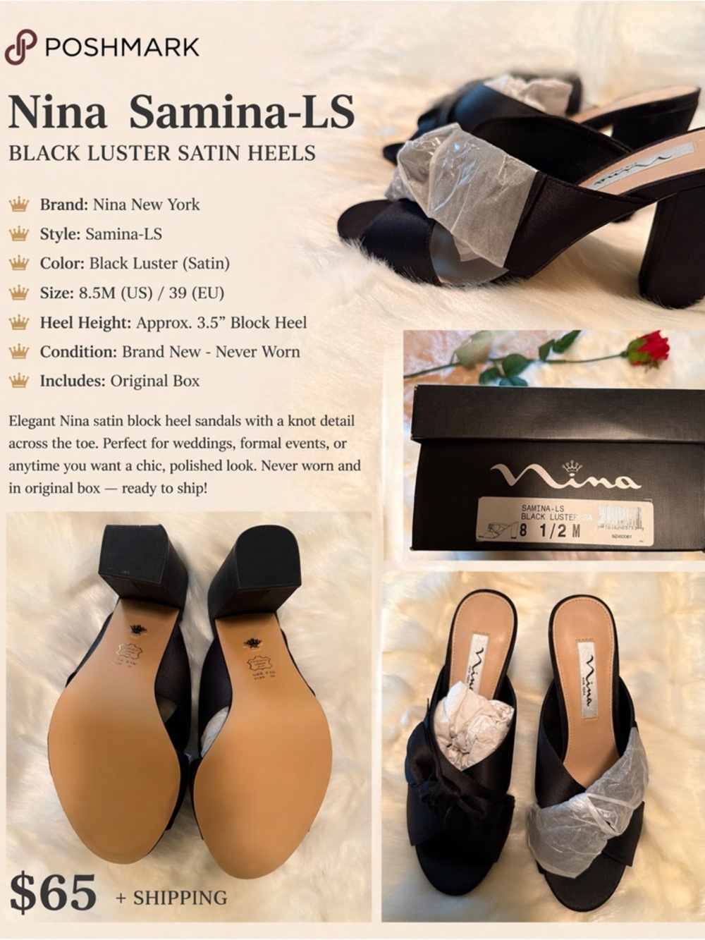Nina Black Satin Block Heel Sandals